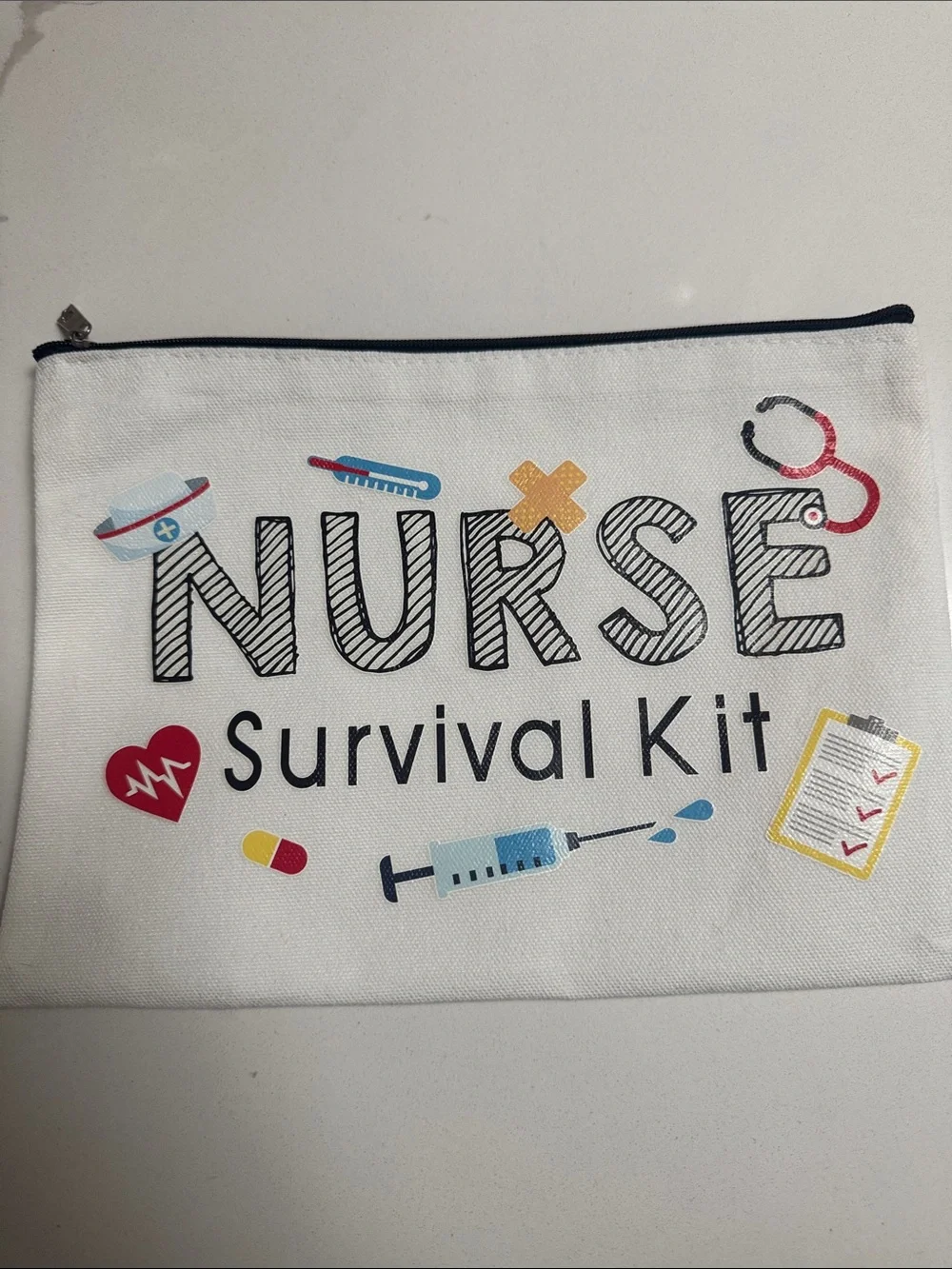 White Canvas Nurses Zip Pouch with Black Trim
